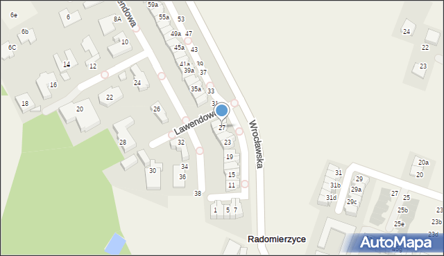 Radomierzyce, Lawendowa, 27, mapa Radomierzyce