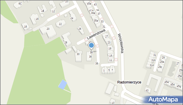 Radomierzyce, Lawendowa, 34, mapa Radomierzyce