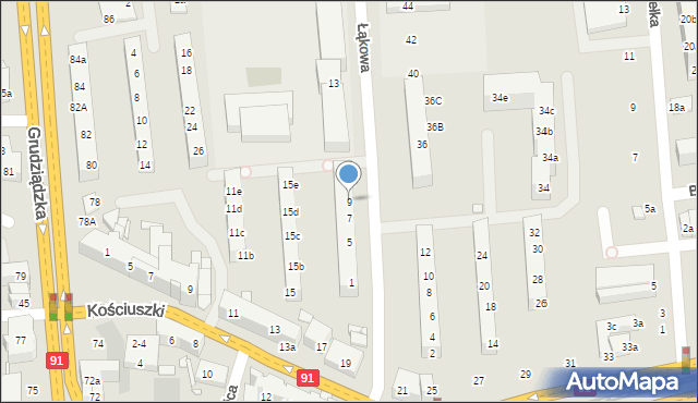 Toruń, Łąkowa, 9, mapa Torunia