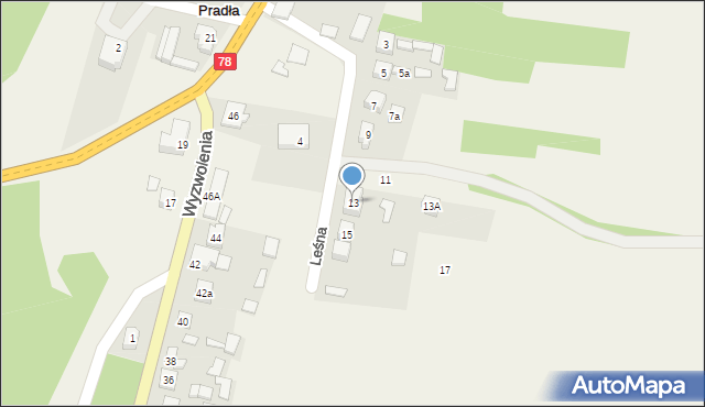 Pradła, Leśna, 13, mapa Pradła