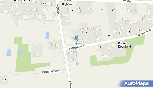 Rębów, Letniskowa, 1, mapa Rębów