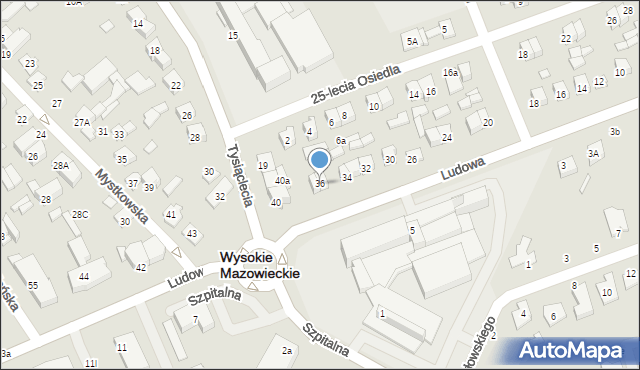 Wysokie Mazowieckie, Ludowa, 36, mapa Wysokie Mazowieckie