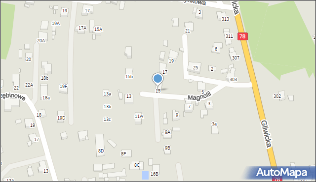 Rybnik, Magnolii, 15, mapa Rybnika