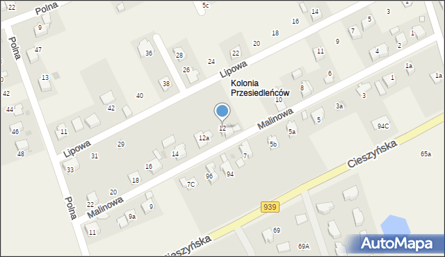 Wisła Wielka, Malinowa, 12, mapa Wisła Wielka
