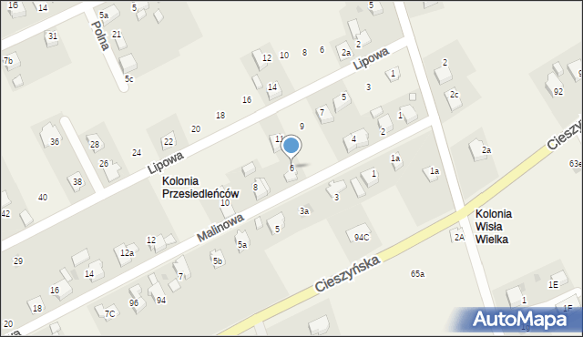 Wisła Wielka, Malinowa, 6, mapa Wisła Wielka