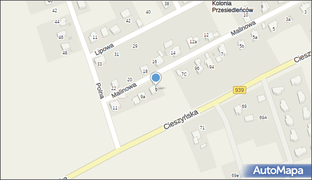 Wisła Wielka, Malinowa, 9, mapa Wisła Wielka