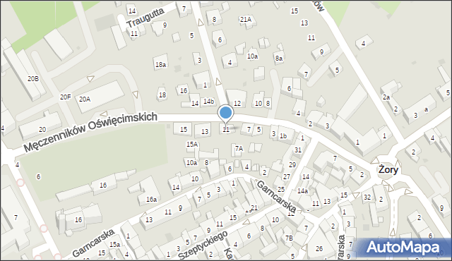 Żory, Męczenników Oświęcimskich, 11, mapa Żor