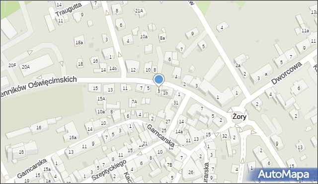 Żory, Męczenników Oświęcimskich, 3, mapa Żor