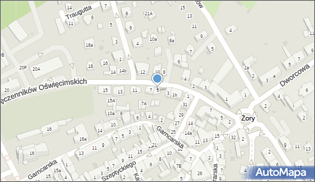 Żory, Męczenników Oświęcimskich, 5, mapa Żor