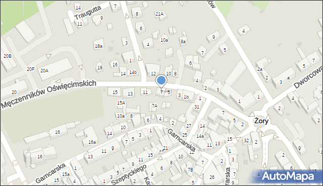 Żory, Męczenników Oświęcimskich, 7, mapa Żor