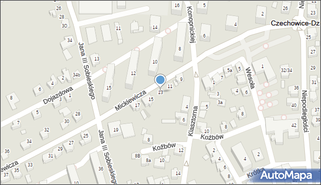 Czechowice-Dziedzice, Mickiewicza Adama, 13, mapa Czechowic-Dziedzic