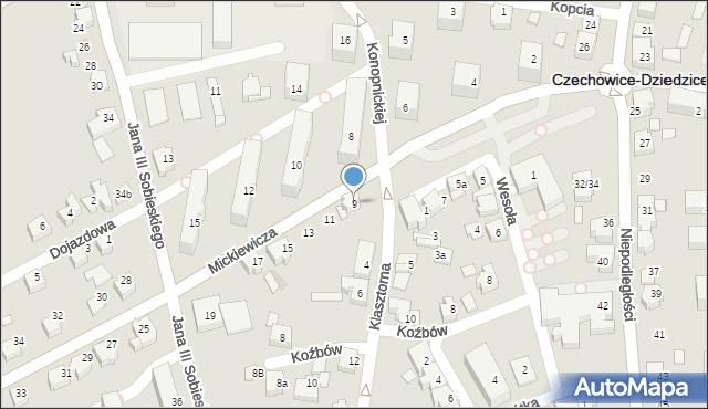 Czechowice-Dziedzice, Mickiewicza Adama, 9, mapa Czechowic-Dziedzic