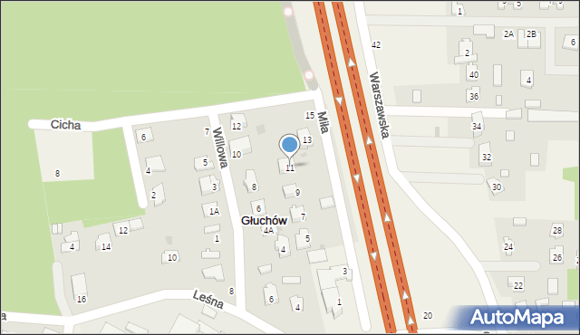 Głuchów, Miła, 11, mapa Głuchów