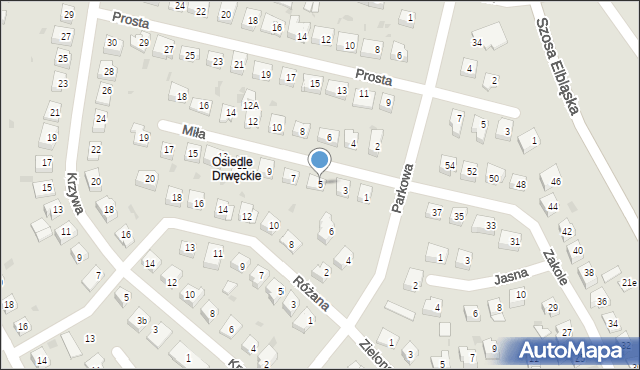 Ostróda, Miła, 5, mapa Ostróda