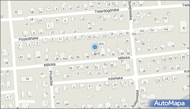 Wrocław, Milicka, 58, mapa Wrocławia