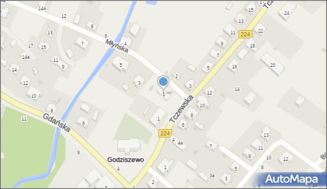 Godziszewo, Młyńska, 1, mapa Godziszewo