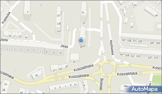 Kołobrzeg, Myśliwska, 15, mapa Kołobrzegu
