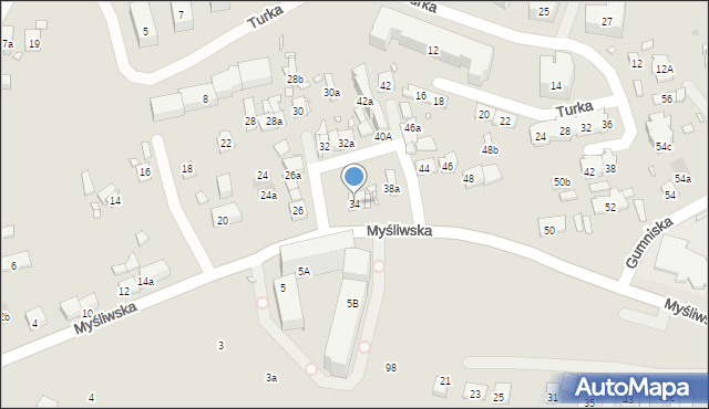 Kraków, Myśliwska, 34, mapa Krakowa