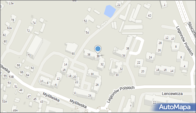 Tychy, Myśliwska, 36, mapa Tych&oacute;w