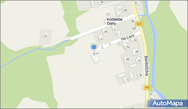 Korbielów, Na Łazy, 5, mapa Korbielów