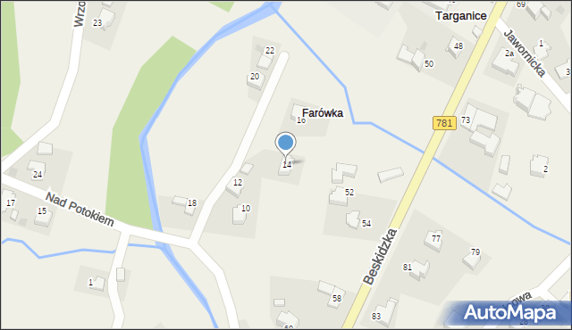 Targanice, Nad Potokiem, 14, mapa Targanice