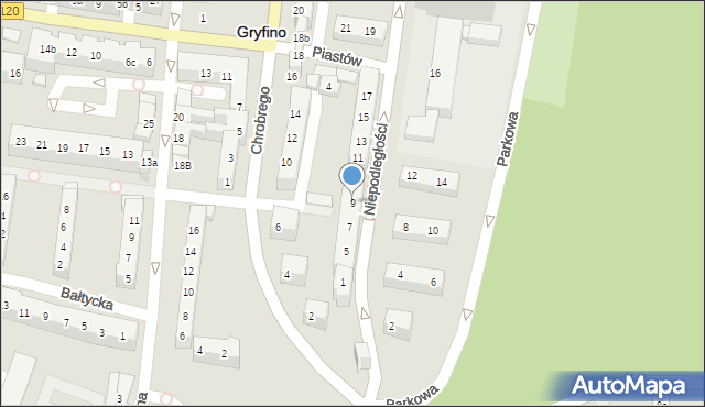 Gryfino, Niepodległości, 9, mapa Gryfino