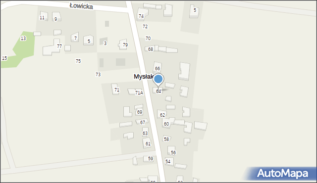Mysłaków, Nowowiejska, 64, mapa Mysłaków