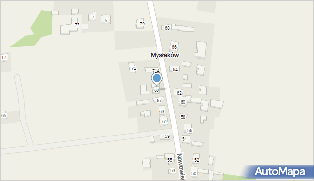 Mysłaków, Nowowiejska, 69, mapa Mysłaków