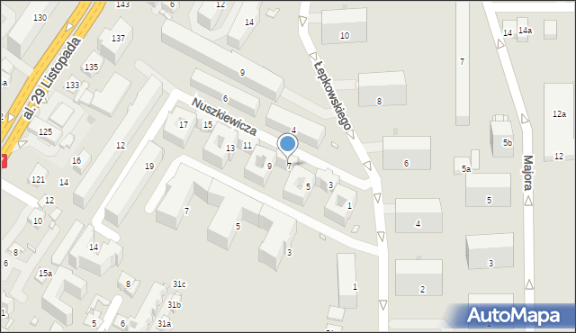 Kraków, Nuszkiewicza Ryszarda, mjr., 7, mapa Krakowa