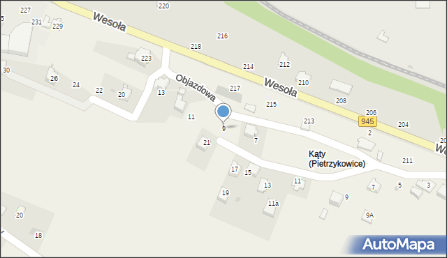 Pietrzykowice, Objazdowa, 9, mapa Pietrzykowice