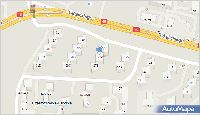 Częstochowa, Okulickiego-Niedźwiadka Leopolda, gen., 27A, mapa Częstochowy