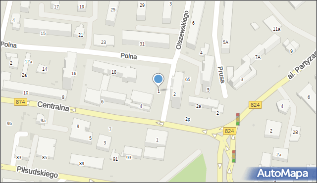 Puławy, Olszewskiego Karola, 1, mapa Puław