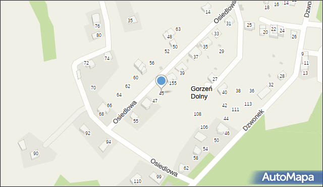 Gorzeń Dolny, Osiedlowa, 45, mapa Gorzeń Dolny