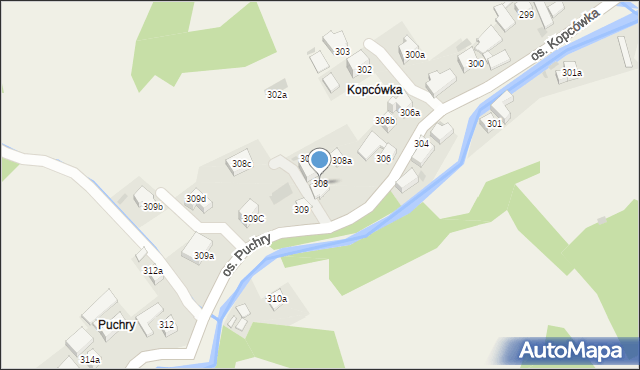 Ochotnica Górna, Osiedle Puchry, 308, mapa Ochotnica Górna