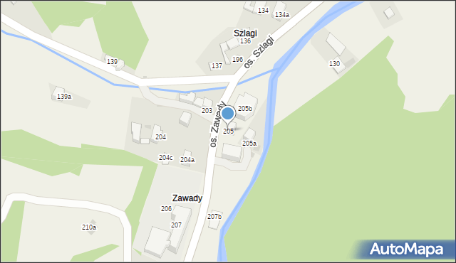 Ochotnica Górna, Osiedle Zawady, 205, mapa Ochotnica Górna