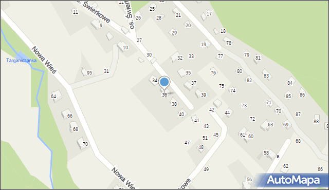 Targanice, Osiedle Świerkowe, 36, mapa Targanice
