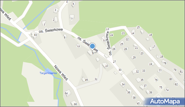 Targanice, Osiedle Świerkowe, 9, mapa Targanice