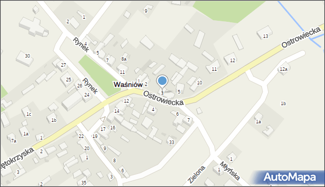 Waśniów, Ostrowiecka, 3, mapa Waśniów