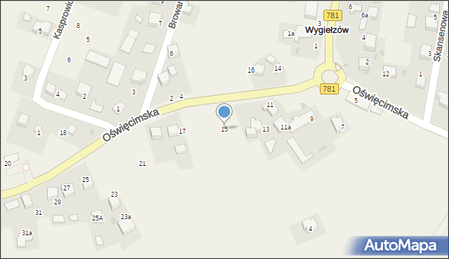 Wygiełzów, Oświęcimska, 15, mapa Wygiełzów