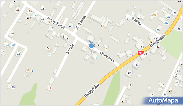 Nowe, Owocowa, 3, mapa Nowe