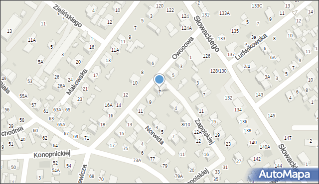 Radom, Owocowa, 7, mapa Radomia
