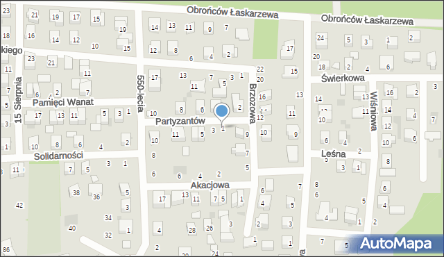 Łaskarzew, Partyzantów, 1, mapa Łaskarzew