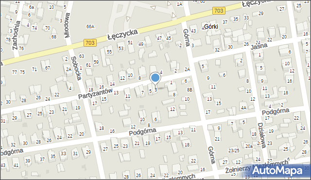 Łowicz, Partyzantów, 3, mapa Łowicza