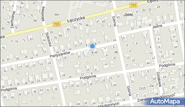 Łowicz, Partyzantów, 5, mapa Łowicza