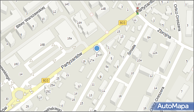 Siedlce, Partyzantów, 17, mapa Siedlce