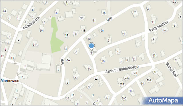 Wilamowice, Partyzantów, 1, mapa Wilamowice