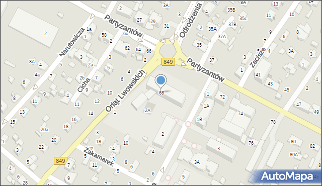 Zamość, Partyzantów, 68, mapa Zamościa