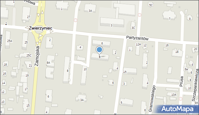 Zwierzyniec, Partyzantów, 8, mapa Zwierzyniec