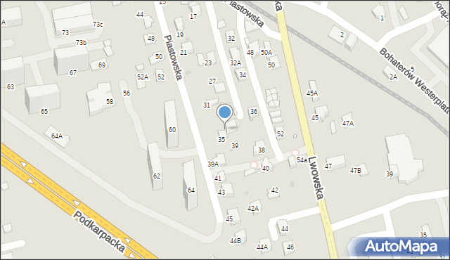 Krosno, Piastowska, 37, mapa Krosna