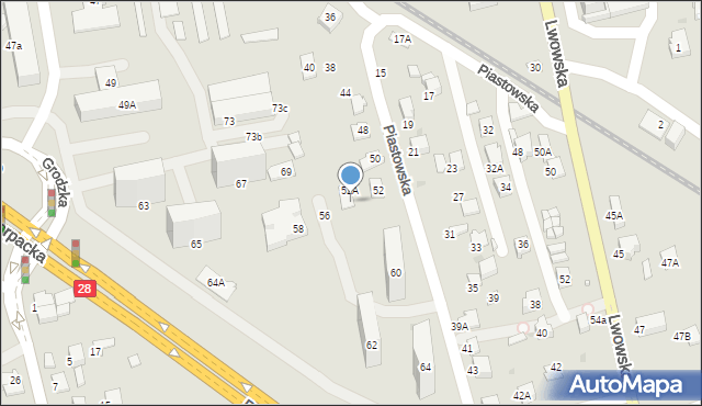 Krosno, Piastowska, 54, mapa Krosna